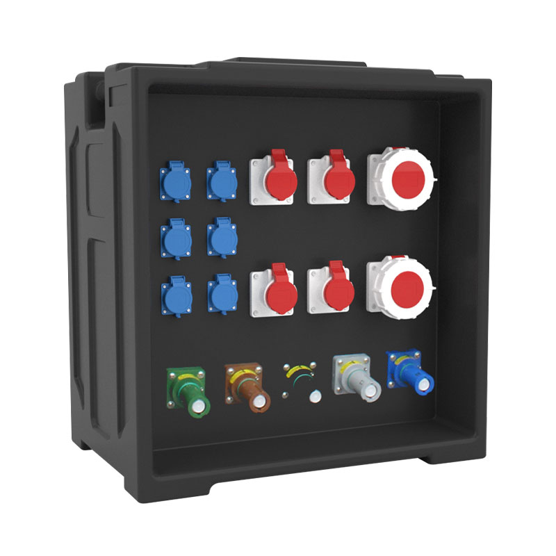 Boîte de distribution d'alimentation pour panneau d'affichage LED de scène de grande taille avec six prises standard nationales, quatre prises industrielles et deux prises de 63A