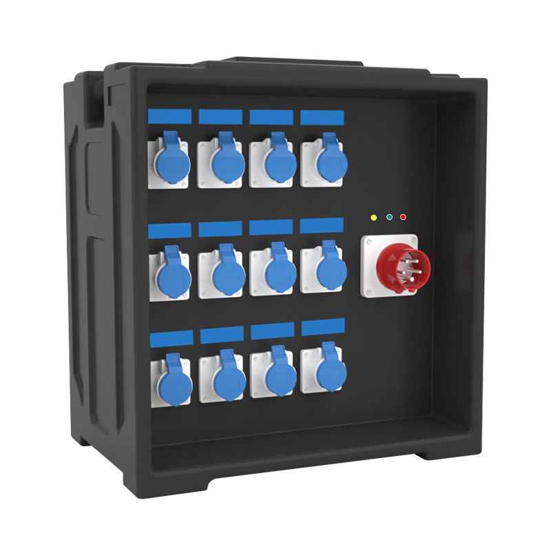 Boîte de distribution d'alimentation pour panneau d'affichage LED de grande scène avec douze prises industrielles et une fiche industrielle à cinq pôles