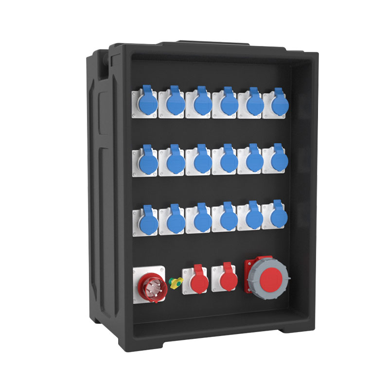 Boîte de distribution d'éclairage de scène portable de grande taille avec 20 prises industrielles IP44, une prise 63A et une prise Powerlock à cinq broches